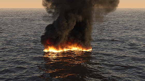 Create burning oil spill on the sea surface.